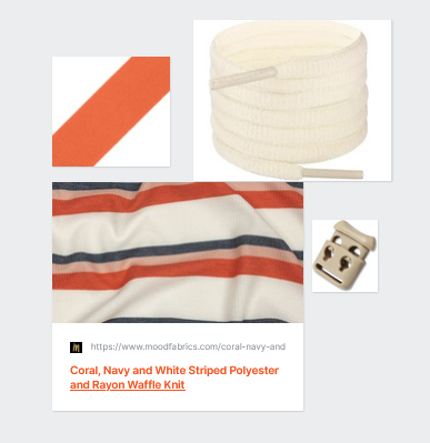 mood board showing orange bias tape, cream shoelaces, coral and navy and white striped fabric, and beige cable locks