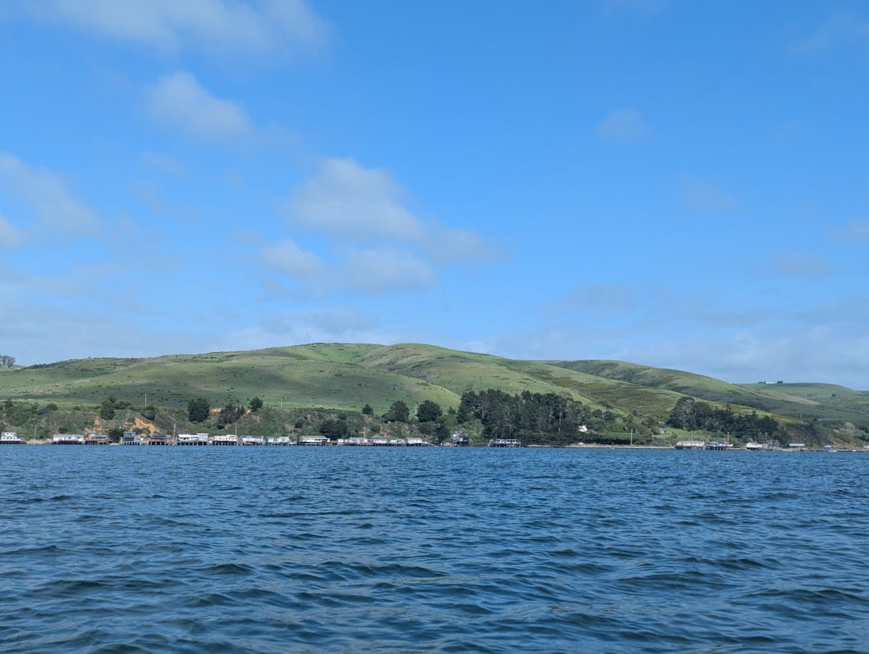 tiny houses on stilts on the water, green hills, and blue sky