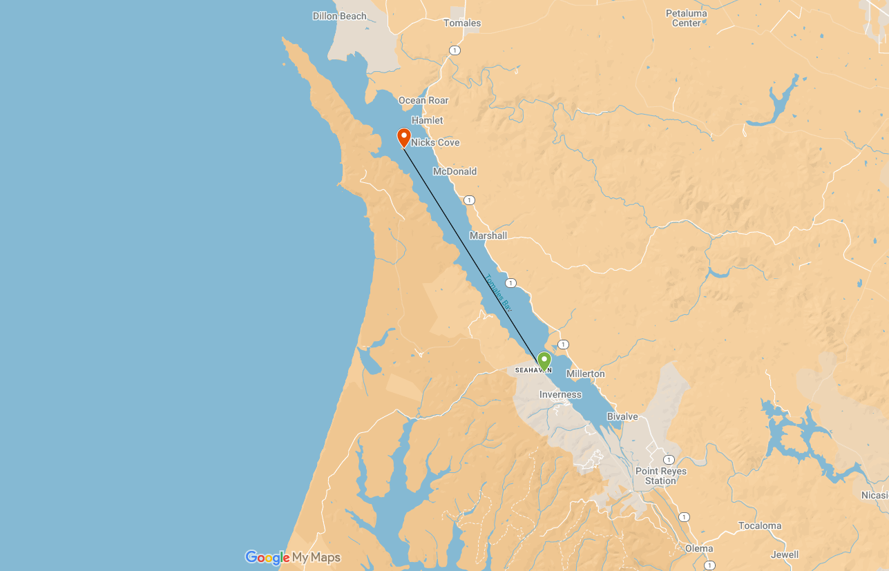 simple map showing a point to point line between inverness and hog island