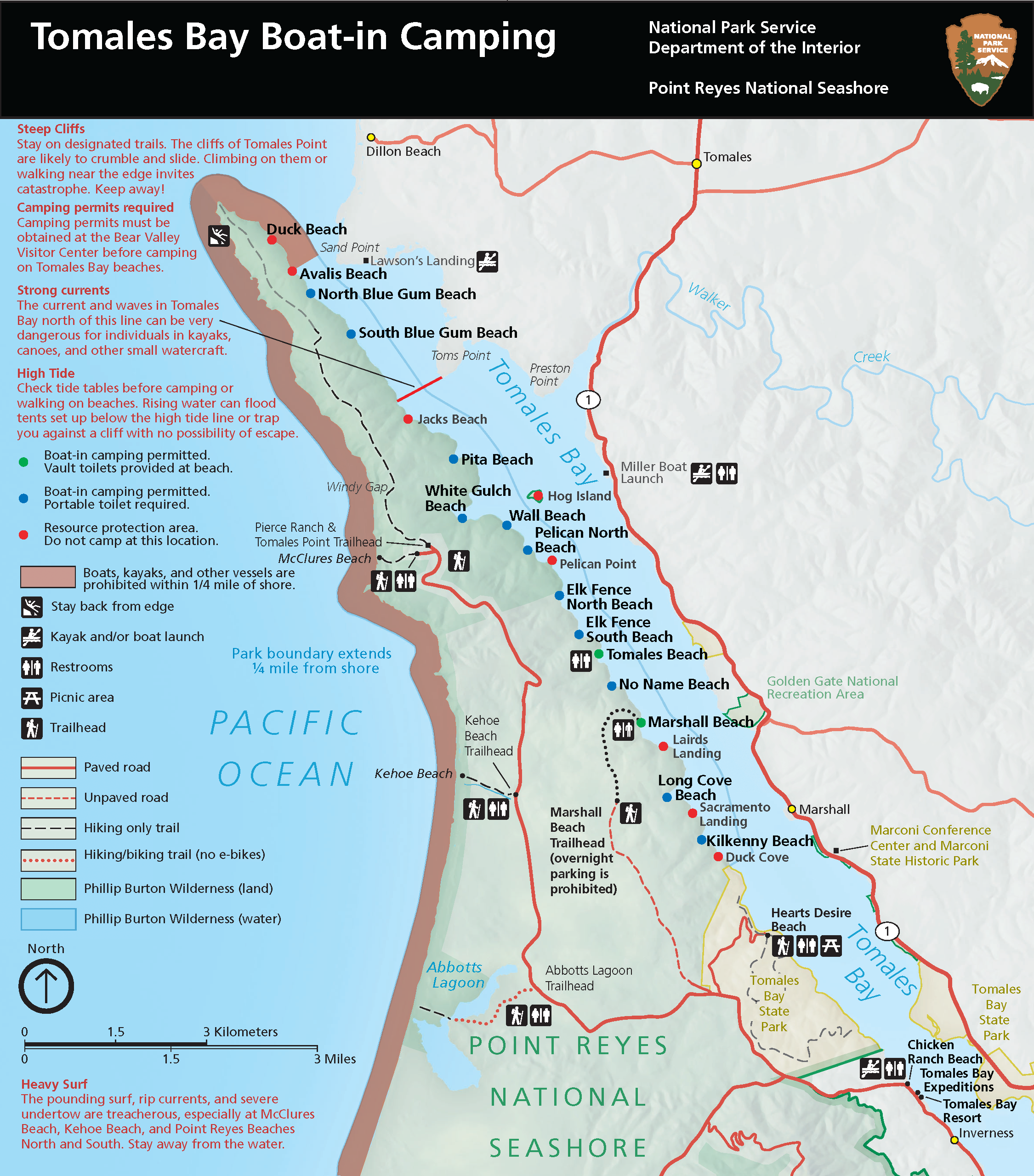 boat-in camping map of tomales bay, listing all the beaches and showing a red line beyond which conditions are dangerous