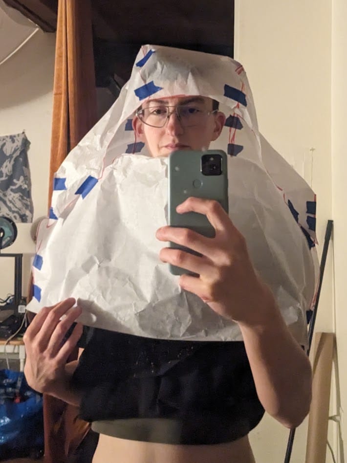 me in a goofy looking trace paper hood