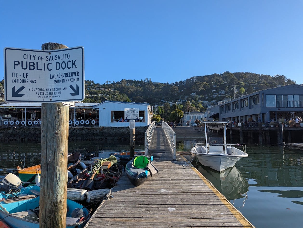 sausalito public dock, my boat, and two waterfront restaurants