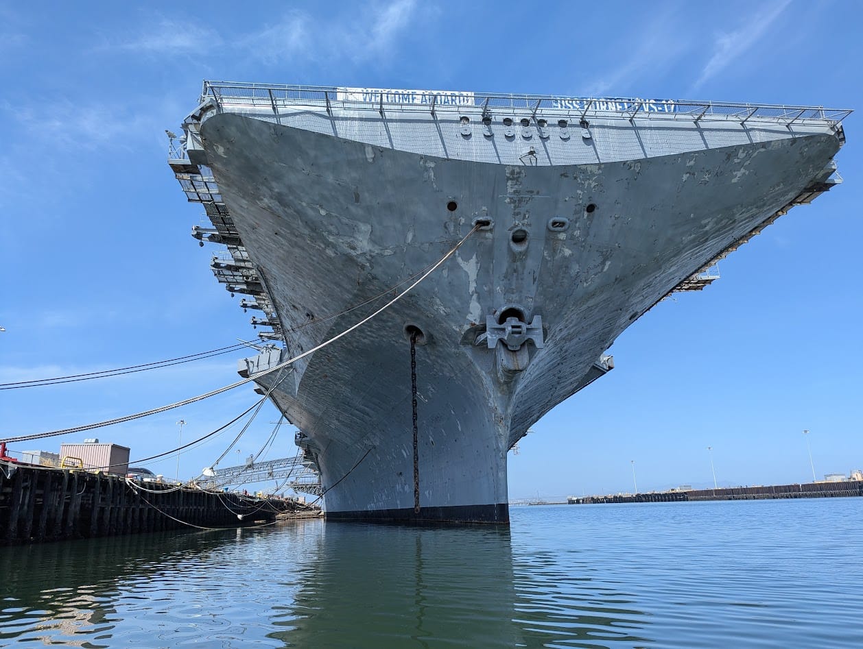 the front of the boat, with an impossibly thin keel