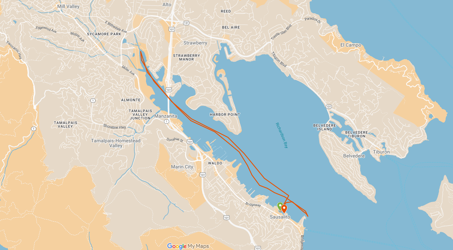 zoom in of the previous map, with pins at the launch point