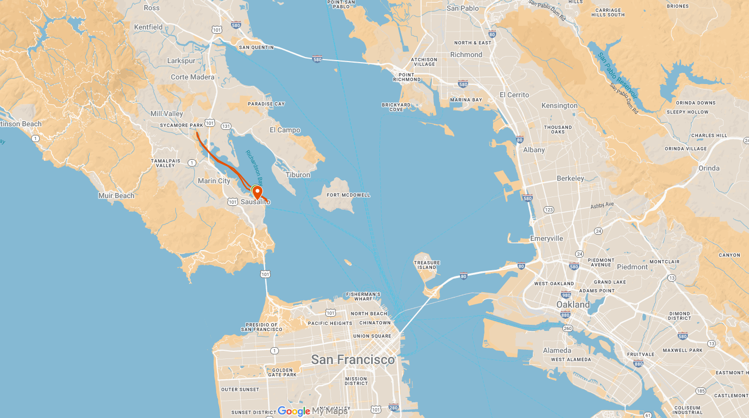 map of the sf bay with a line showing a route through richardson bay