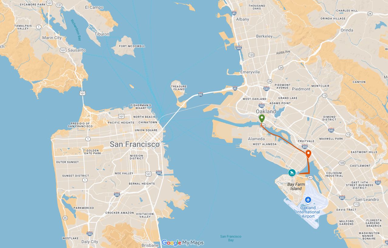 map showing the san francisco bay, with my route marked out with lines