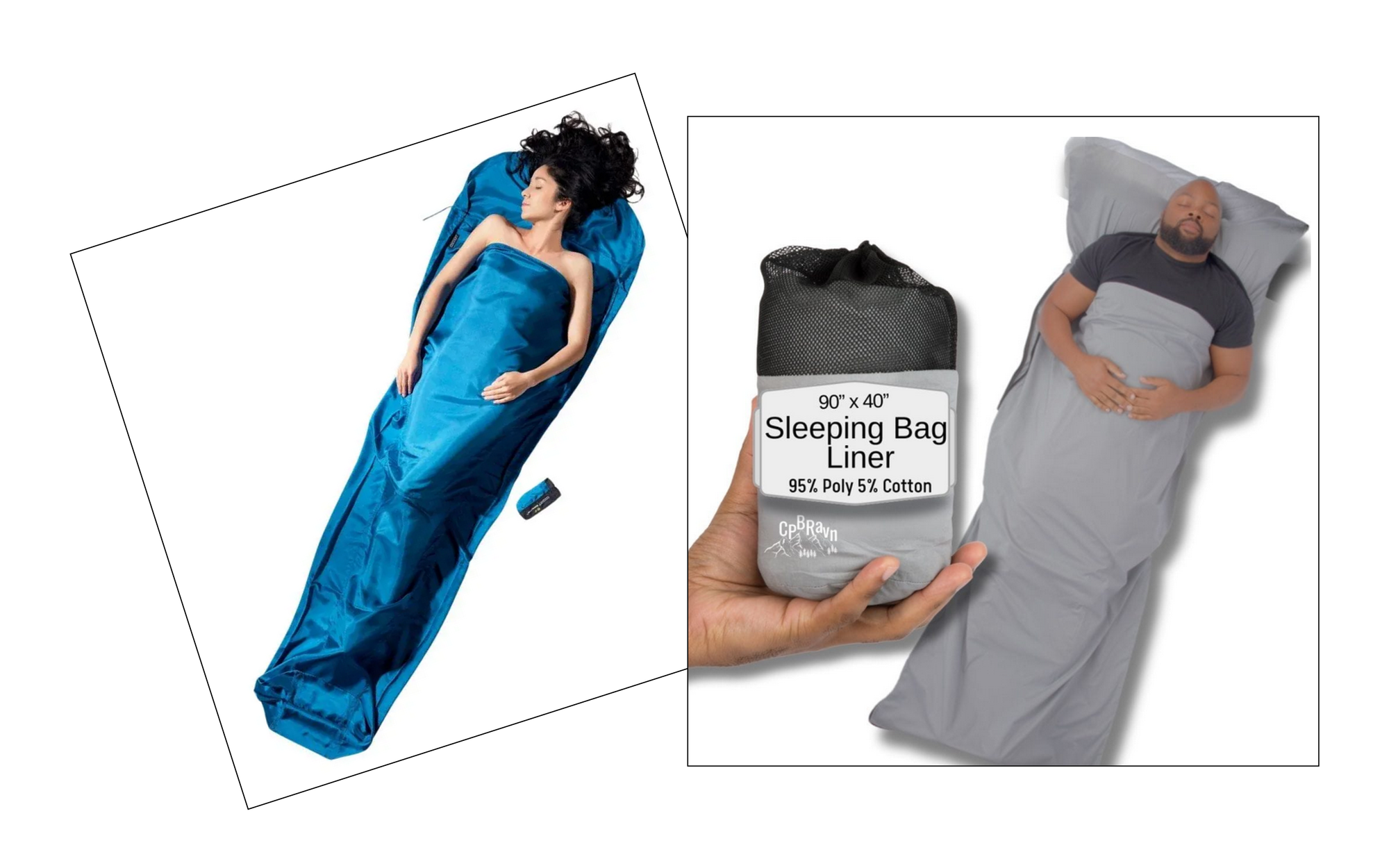blue silky sleeping bag liner with a naked lady in it, grey frumpy looking one with just a dude in there, clothed