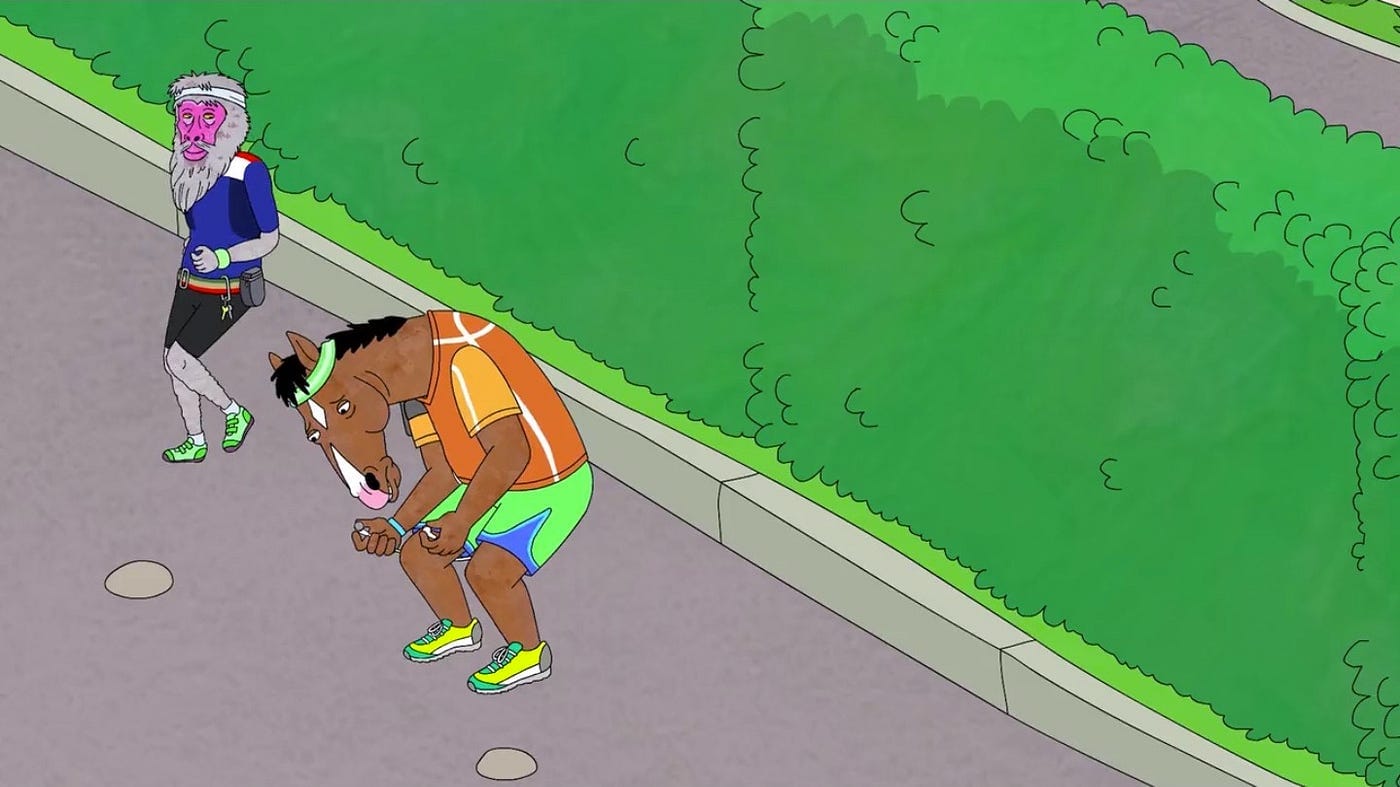 bojack and the jogging baboon guy. bojack is suffering