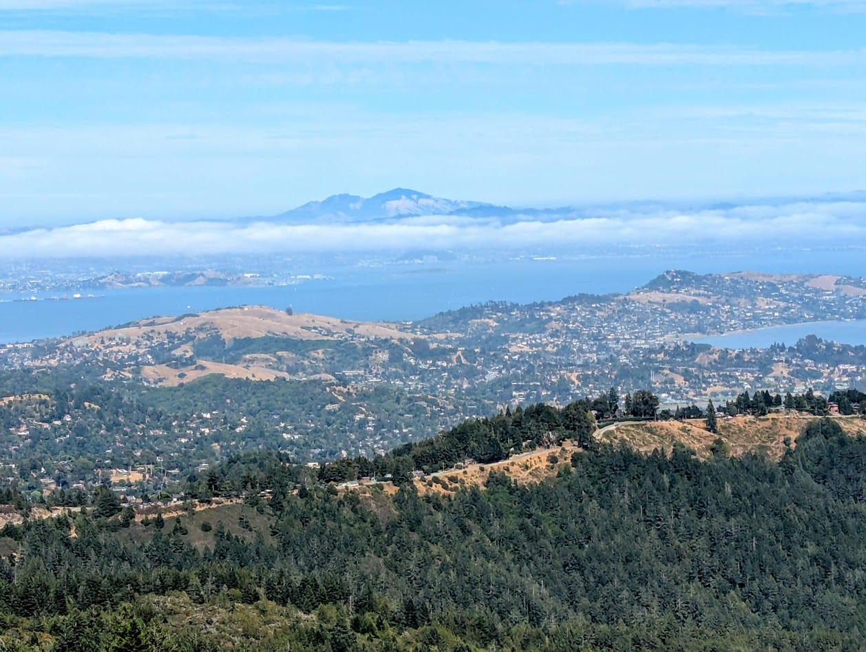 overlooking marin, the east bay, and mount diablo, with a big band of fog at its foot