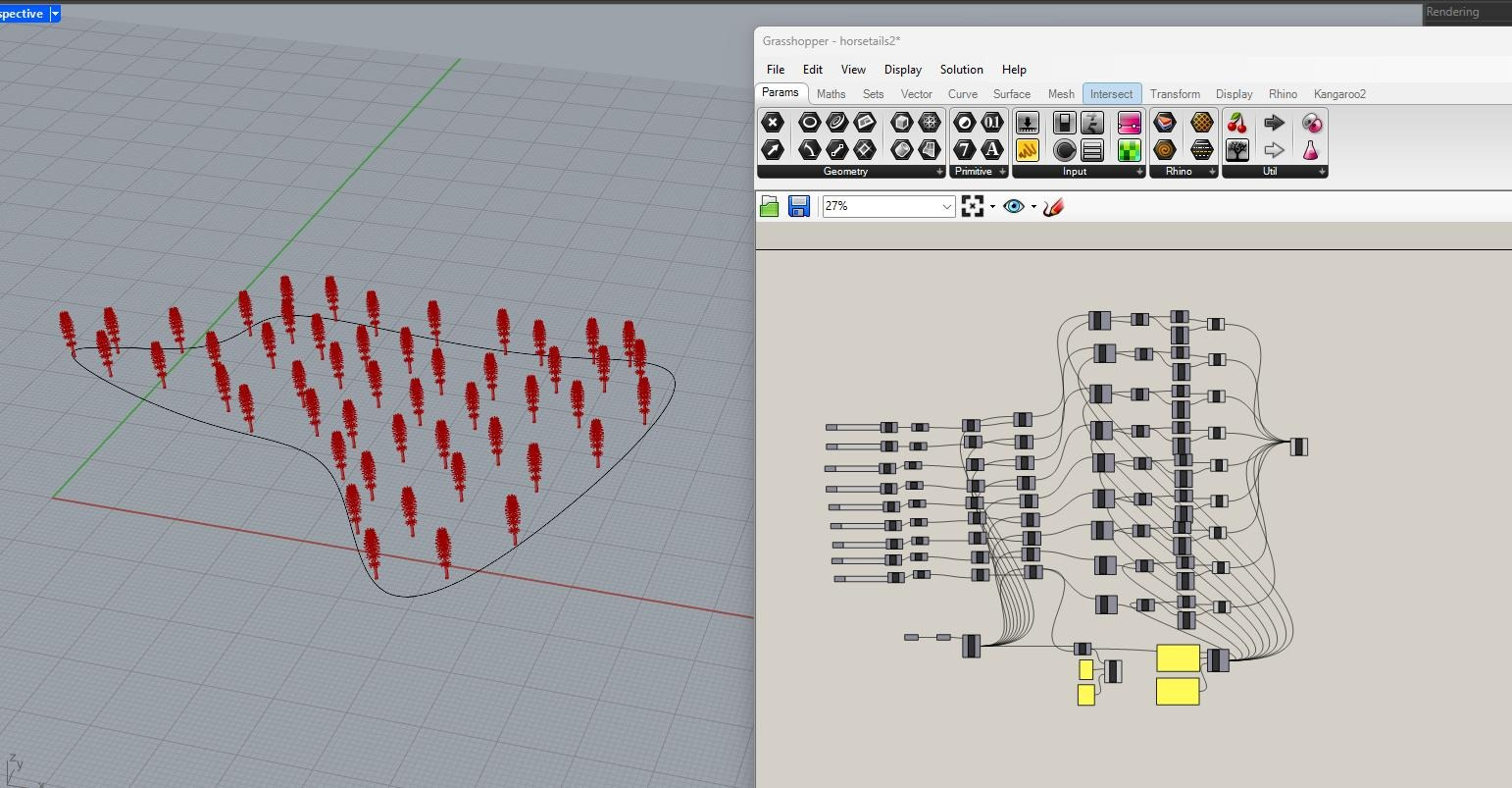 field of horsetails in a 3d model, and visual, node-based programming deal on the right
