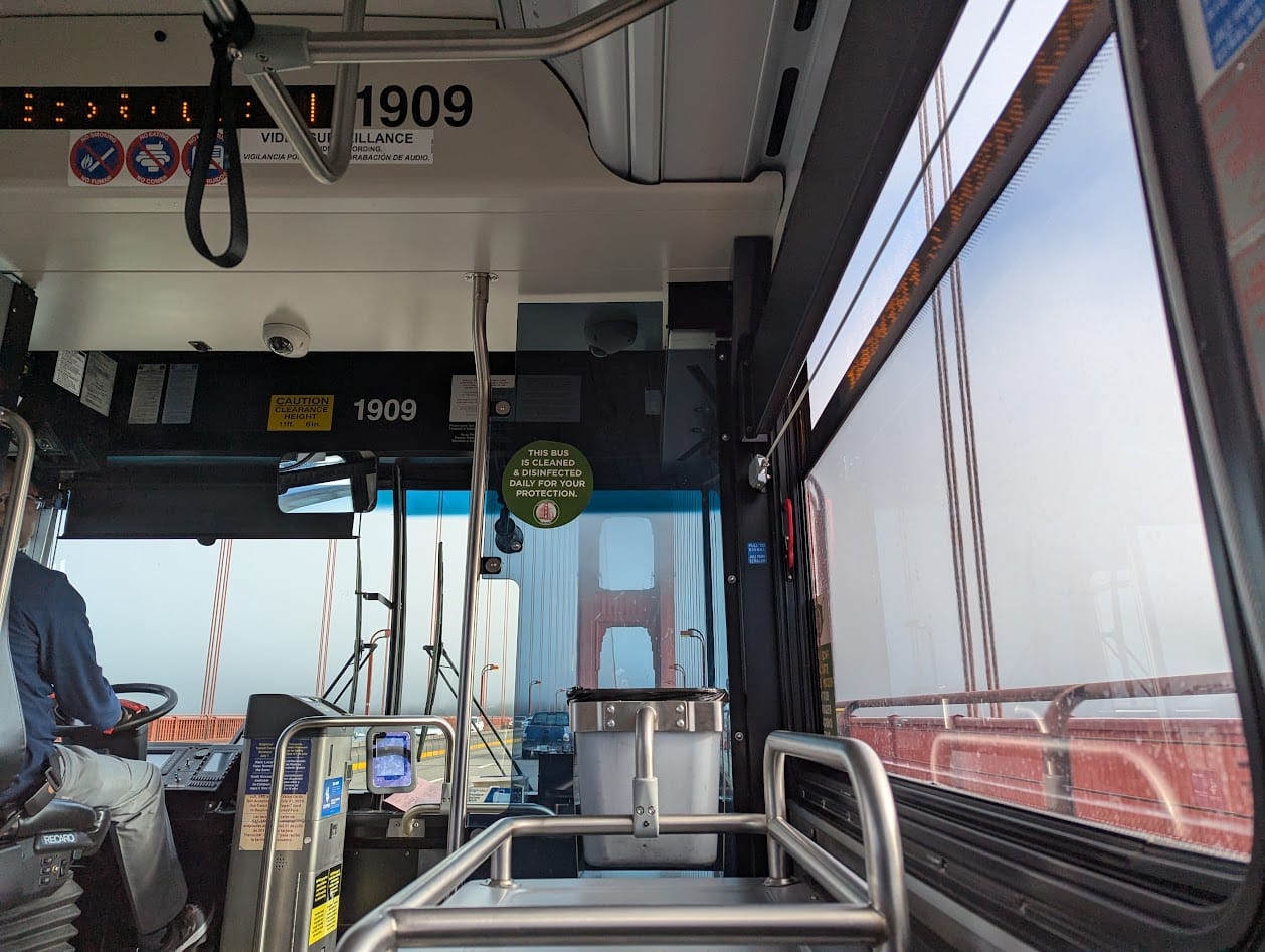 on the bus on the golden gate bridge in all-consuming fog