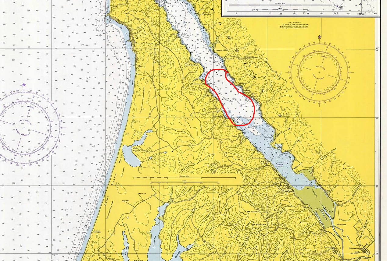 nautical chart with a red circle showing a smallish area where jellies are often seen
