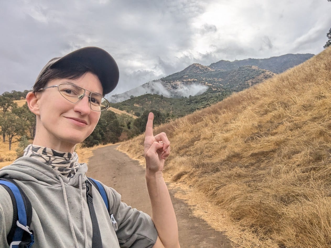 me smiling pointing at a bunch of mountains