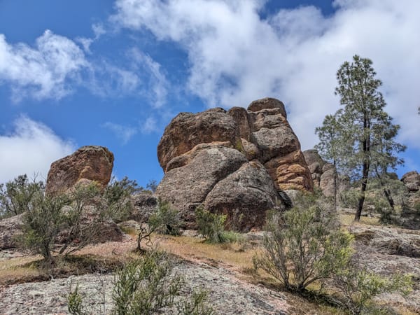 giant sculptural reddish grey boulders, on top of a hill with shrubs and Towani pines. The sky is blue w/ white clouds