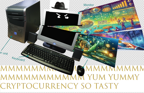 a terrible collage of a desktop computer eating ai gen images of cryptocurrency