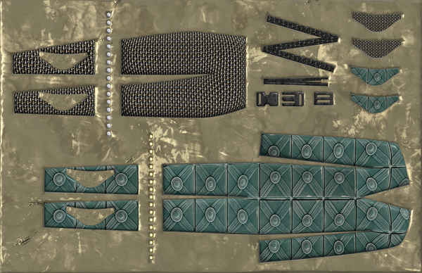 stylized, metal inlay looking diagram of all the pieces for a fanny pack, including legs cut off from pants and a jumpsuit