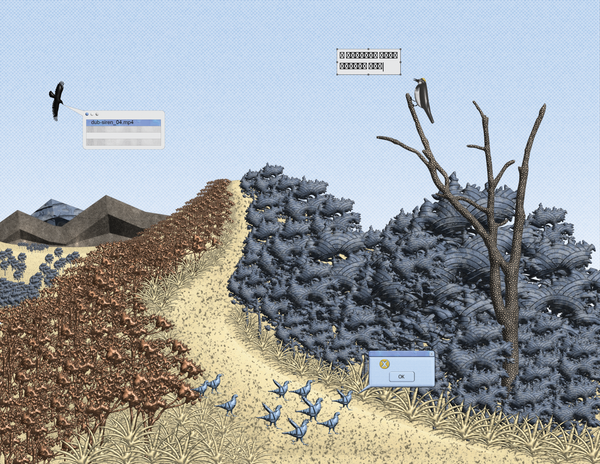 weird digital collage of a scrub covered hill, showing various types of birds saying various things