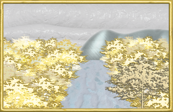 3d digital collage of a cypress forest, with gold and pearlescent rendering materials