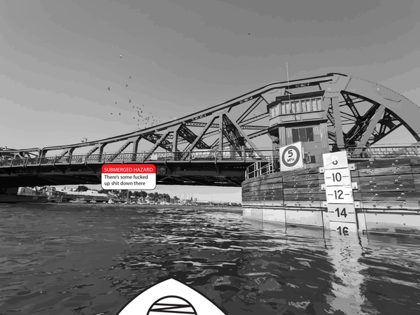 collage of a kayak approaching a bridge with a "submerged hazard - there's some weird shit down there" sign